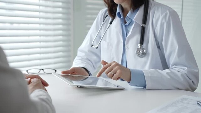 Doctor consulting patient, discussing medical information and diagnosis using a digital tablet during a healthcare visit at a modern clinic office