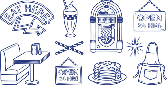Hand Drawn Retro American Diner Icon Illustration Vector Set