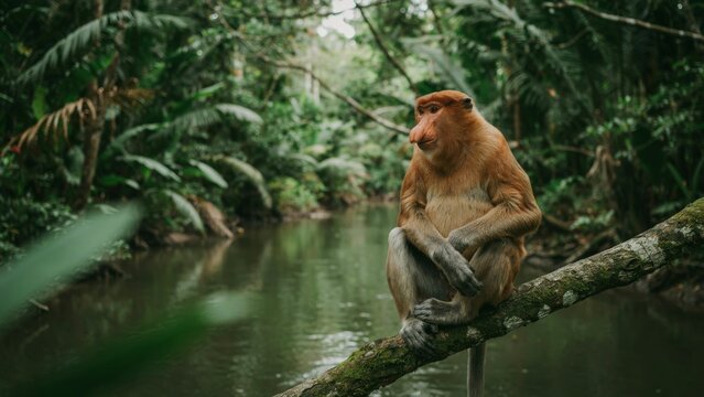 Proboscis monkey sitting on a tree branch over a river in the rainforest.
