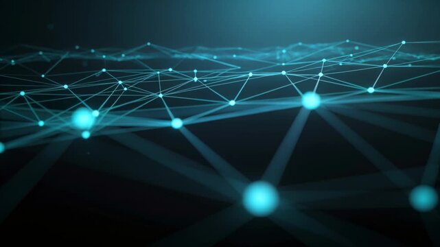 Moving camera revealing animated network mesh gliding over dark void, highlighting turquoise nodes