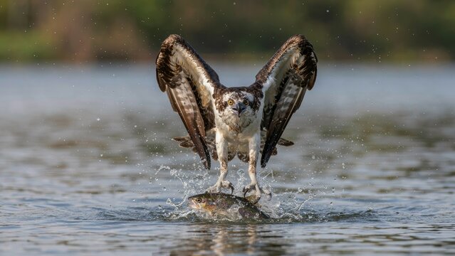 Osprey taking flight from water after catching a fish.