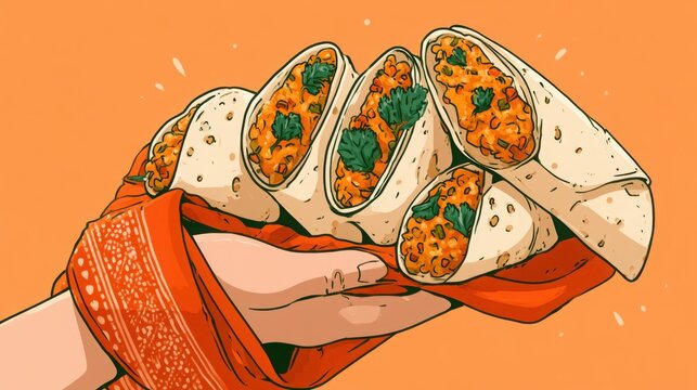 Traditional Mexican Tacos and Tatar Kystyby in Hand on Orange Background