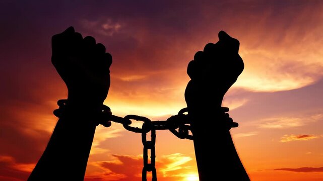 Chained human hands silhouette against vibrant sunset or sunrise sky