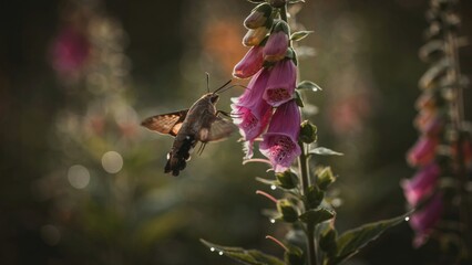 Naklejka premium Hummingbird moth feeding on a pink foxglove flower in a garden.