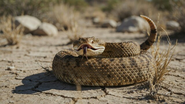 A coiled rattlesnake resting on the dry cracked desert ground.