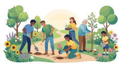 Naklejka premium Diverse group gardening and planting in a sunny public park