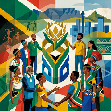 Vibrant illustration of diverse South African people celebrating unity and heritage with Table Mountain and Johannesburg skyline in the background