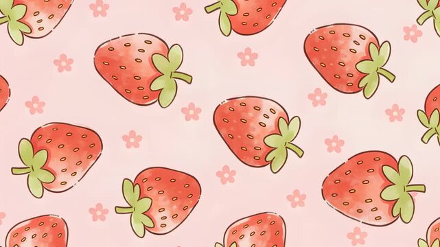 Looping strawberry pattern sliding diagonally as loop starts on pink wallpaper showing flowers