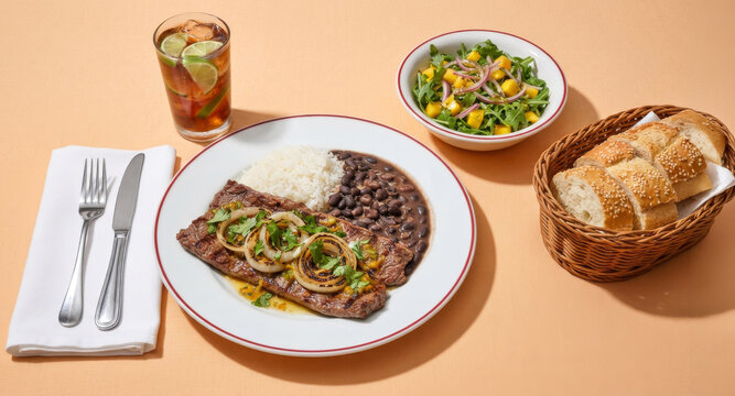 Grilled steak with caramelized onions, served with rice, black beans, salad, and a cola soft drink.
