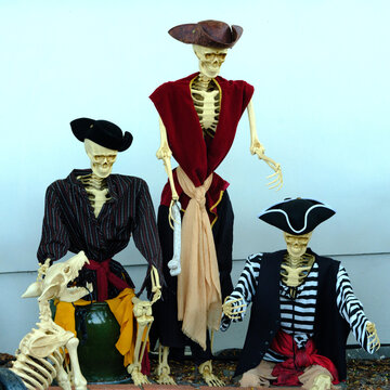 Spooky Three Skeletons Pirate Costumes Props Halloween Parties Store Windows