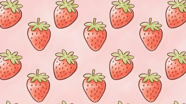 Shaking camera causing stylized strawberry pattern shifting across pastel pink backdrop, with seeds