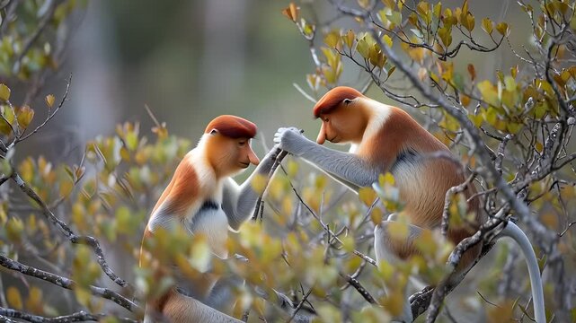 Proboscis Monkeys Interacting in a Tropical Tree Canopy