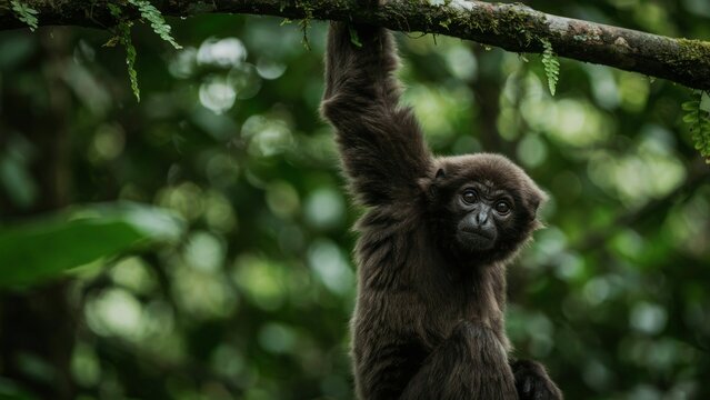 A young woolly monkey hanging from a tree branch in the Amazon rainforest.