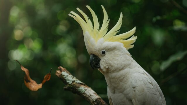 A majestic white cockatoo with a vibrant yellow crest perched on a tree branch.