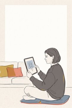 Woman making a video call on a tablet from home