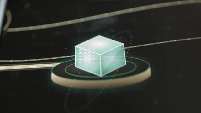 Finger activates translucent data cube on circular interface