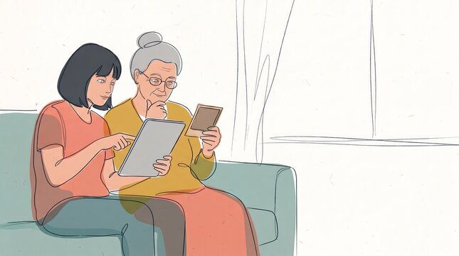Woman helping an older adult use a tablet and smartphone