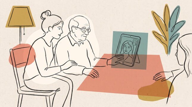 Older couple and caregiver joining a family video call