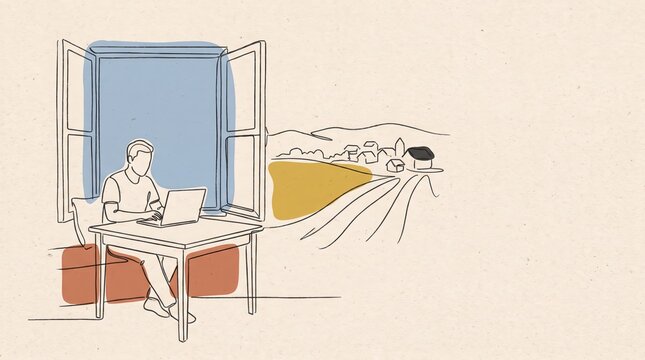 Remote worker using a laptop beside an open rural window