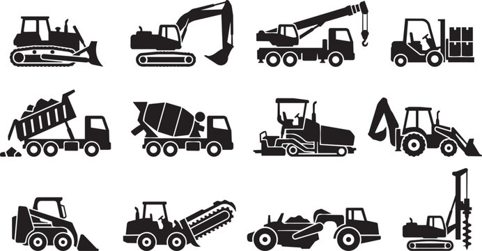 Collection of black silhouette representing various heavy construction machinery, earthmoving equipment, and industrial vehicles