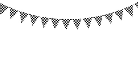 Fototapeta premium Single row of checkered pennant flags strung along one smooth deep curved line, ideal for garage sale signage, go kart birthday themes and simple racing banner design