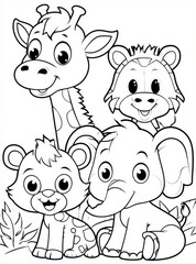 Naklejka premium Cute baby jungle animals coloring page for kids featuring friendly cartoon giraffe elephant lion cub zebra with bold outlines simple black and white line art illustration for children book