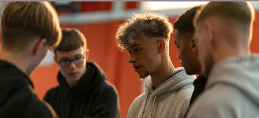 Obraz premium Group of young diverse male friends standing in a circle engaged in serious deep discussion indoors, youthful team collaboration, teenage friends listening attentively, athletic team meeting concept