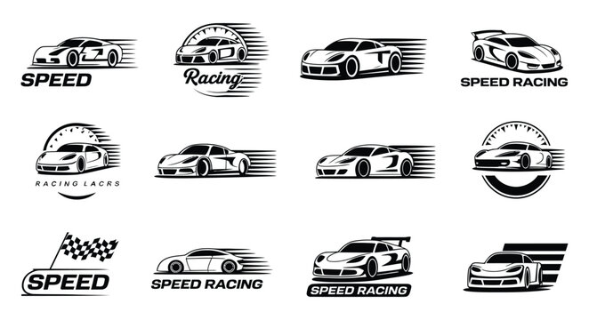 Race car logo icon set featuring fast sports vehicle silhouettes, speed motion lines, checkered flags, and automotive service badge graphics