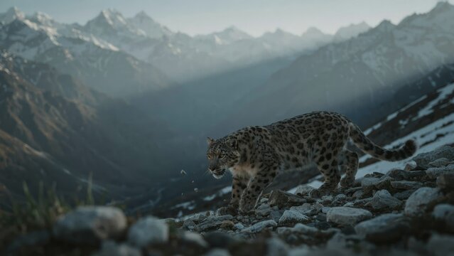 Majestic snow leopard walking through rocky mountain landscape.
