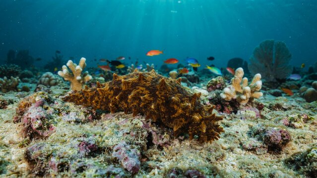A camouflaged stonefish resting on a vibrant coral reef underwater.