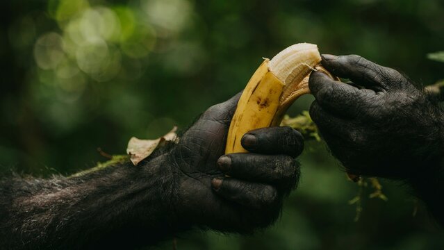 Close up of a chimpanzee holding a peeled banana in the jungle.