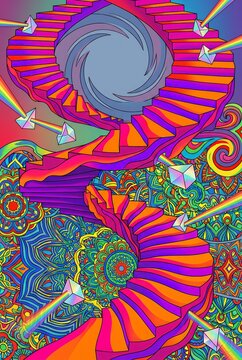 Infinite spiral staircase leading into a surreal vortex