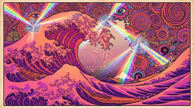 Surreal ocean waves illuminated by rainbow prism beams