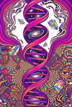 Psychedelic DNA helix containing a spiral galaxy
