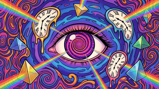 Surreal eye with melting clocks and refracted rainbow light