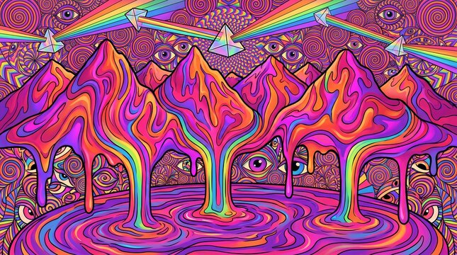 Psychedelic melting mountains beneath rainbow prism beams