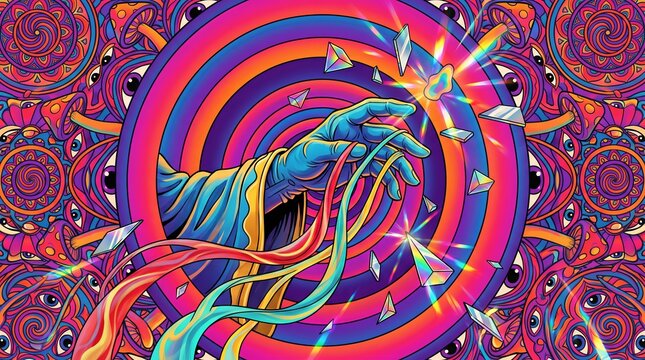 Surreal hand reaching through a hypnotic rainbow portal