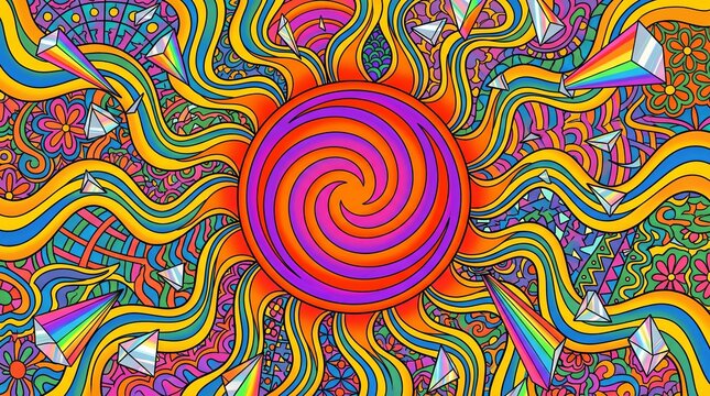 Psychedelic spiral lollipop among flowing rainbow patterns