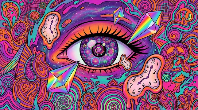 Psychedelic eye surrounded by melting clocks and crystal prisms