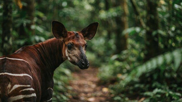 An okapi standing in the lush green rainforest looking back at the camera.