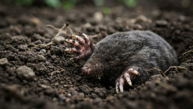 A mole digging through dark soil in a garden.