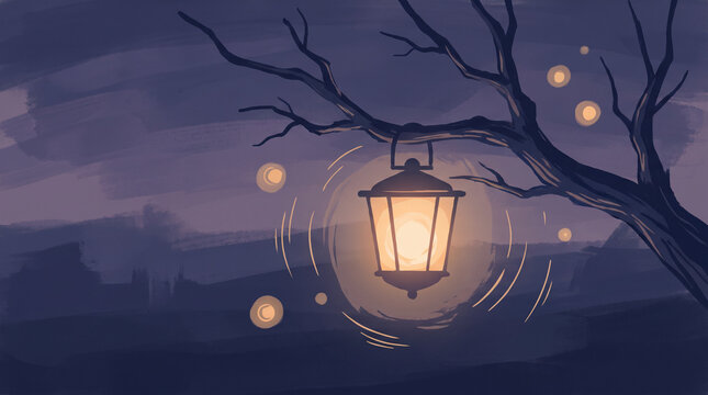 Glowing vintage lantern hanging from bare tree branch at night with fireflies and copy space