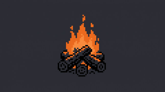 Pixel art burning campfire with wooden logs centered on dark gray background with copy space