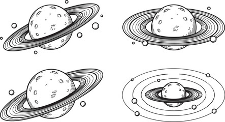 Saturn planet illustrations featuring detailed ring systems and orbital moons rendered in a clean black and white line art style © Ajoy
