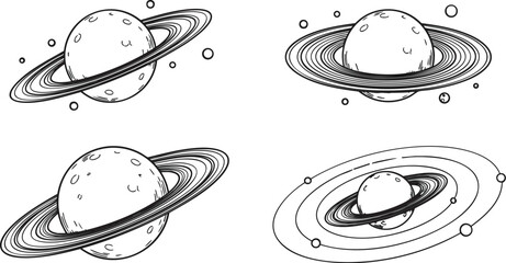 Saturn planets collection featuring circular orbital rings in black and white hand drawn vector illustration style for scientific graphic design © Ajoy