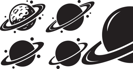 Saturn planet vector set featuring different ringed celestial bodies isolated on white background as minimalist black graphic design elements © Ajoy
