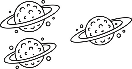 Saturn planet illustration set featuring three separate circular celestial bodies with distinct rings in a clean minimalist black outline style © Ajoy