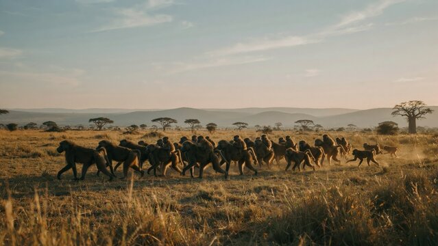 A herd of zebras running across the vast African savanna at sunset.