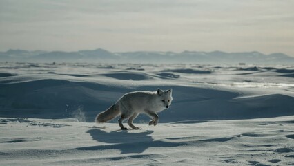 Fototapeta premium Arctic fox running across a vast frozen tundra landscape.