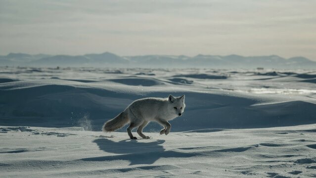 Arctic fox running across a vast frozen tundra landscape.